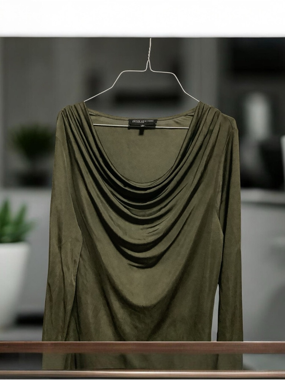 Jones New York Olive Green Top with Draped Neck - Picture 7 of 14